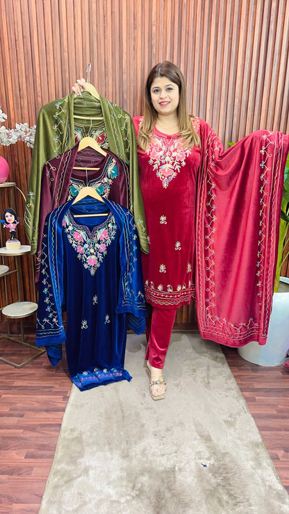 Kashmiri multi Thread work velvet suit