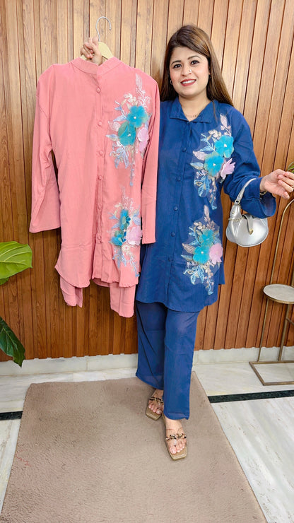 Organza Flower Cotton linen Coord set