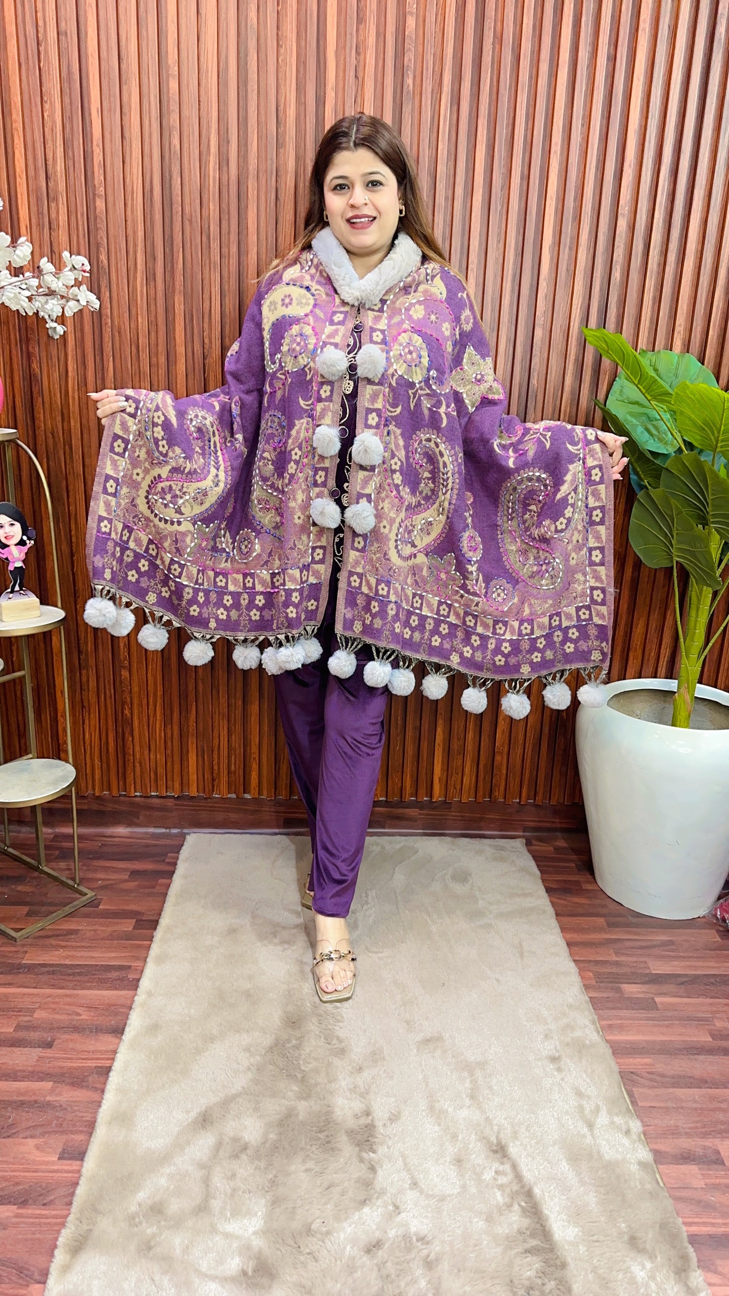 Fur Pashmina Ponchu Shrug with kantha