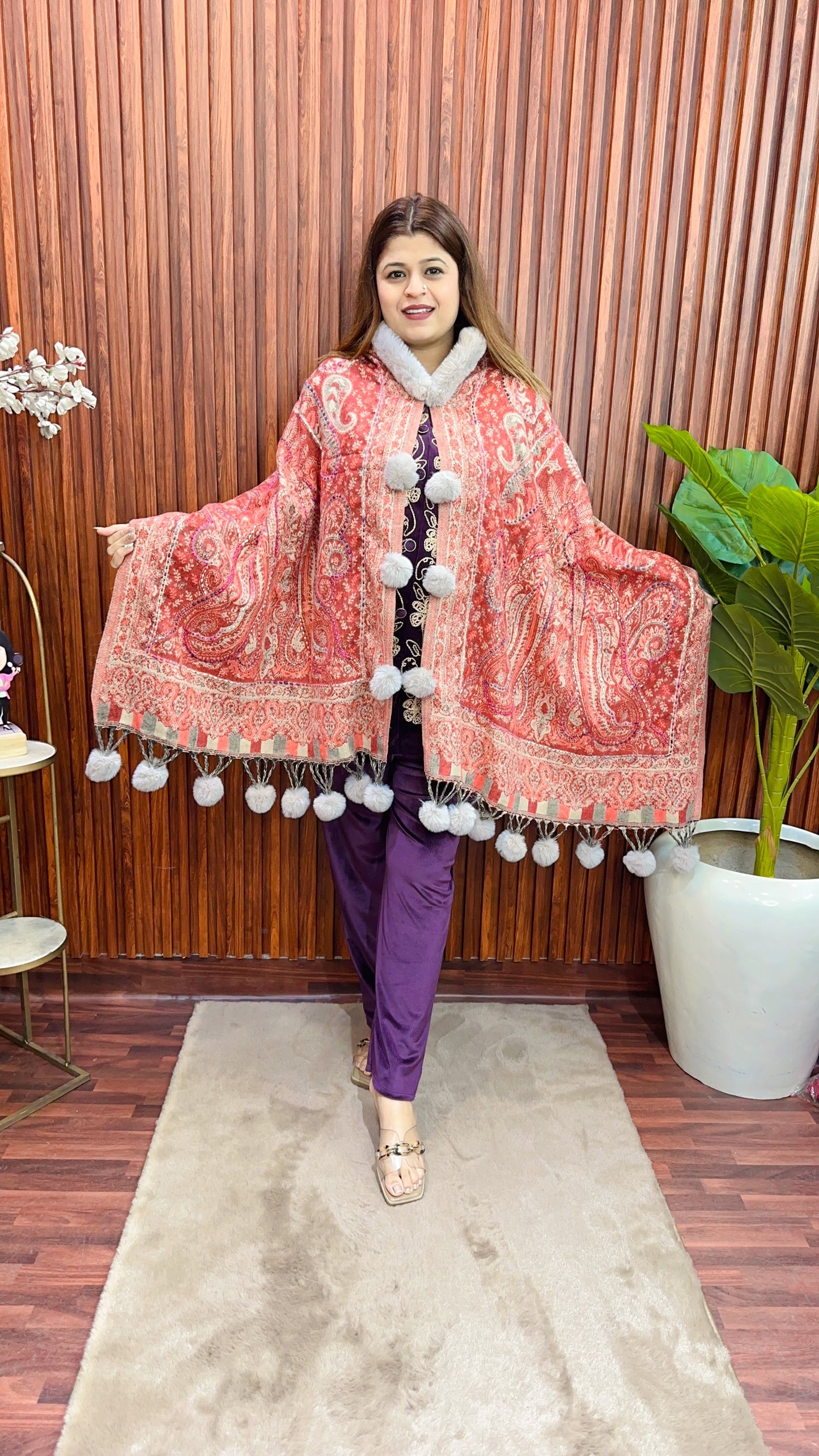 Fur Pashmina Ponchu Shrug with kantha