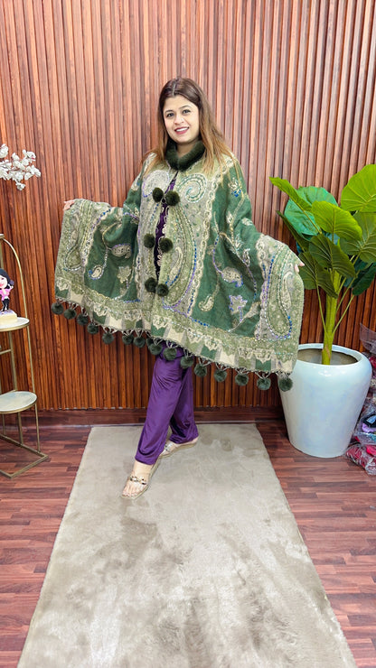 Fur Pashmina Ponchu Shrug with kantha