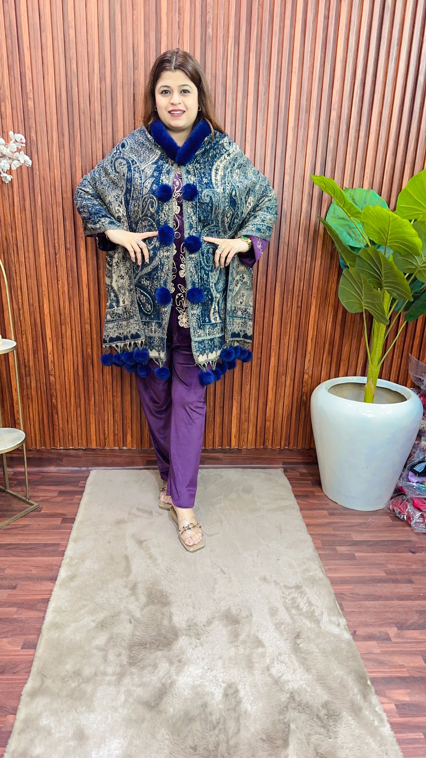 Fur Pashmina Ponchu Shrug with kantha