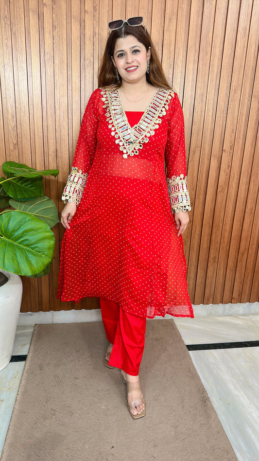 Mirror work with Speghetti Georgette kurta set