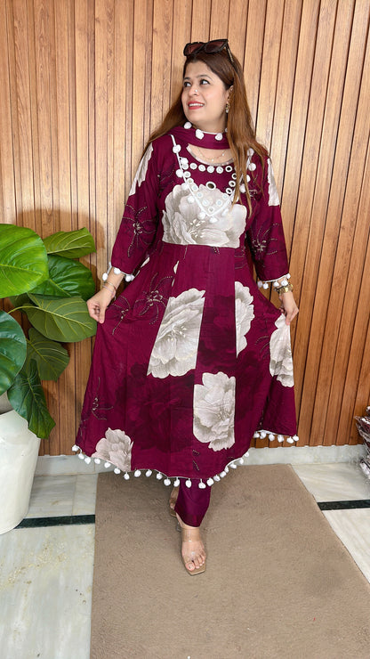Pom pom Style Pure cotton Anarkali suit