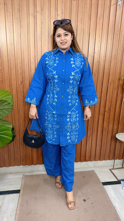 Classic Embroidery Long Denim Coord set