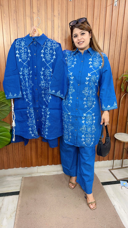 Classic Embroidery Long Denim Coord set