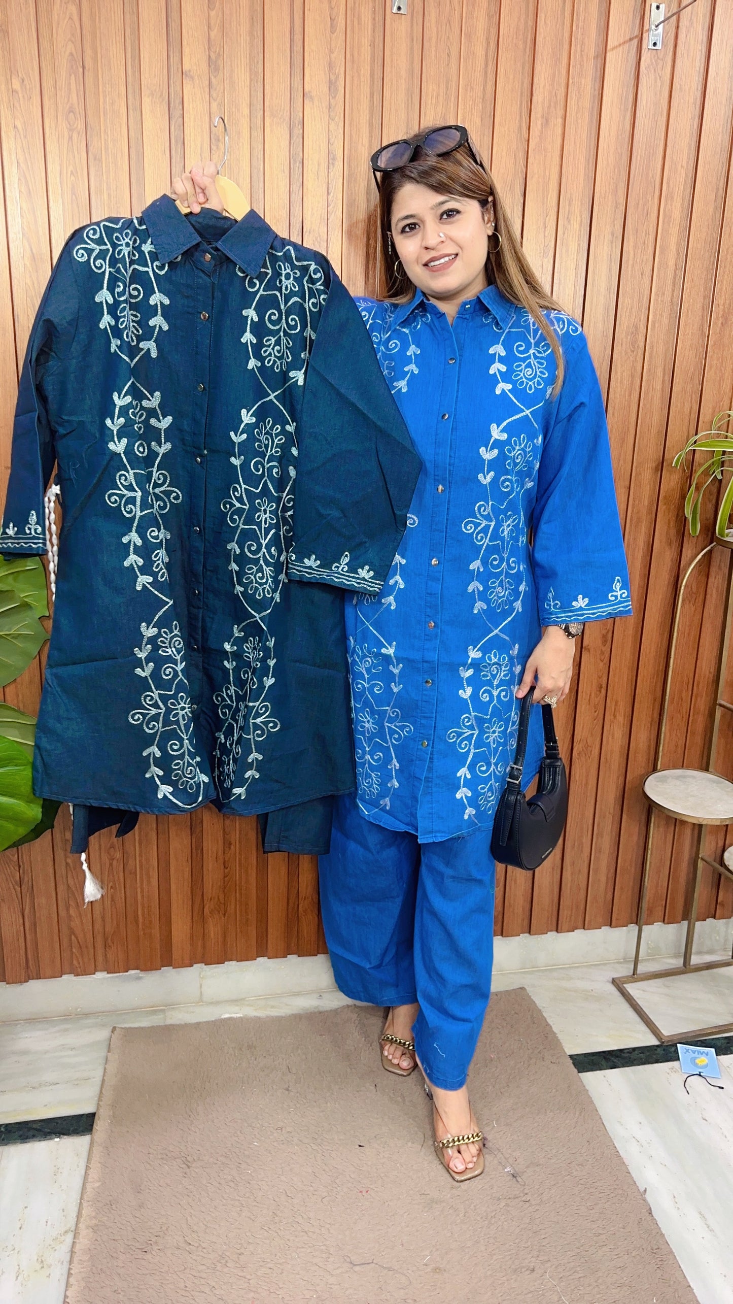 Classic Embroidery Long Denim Coord set