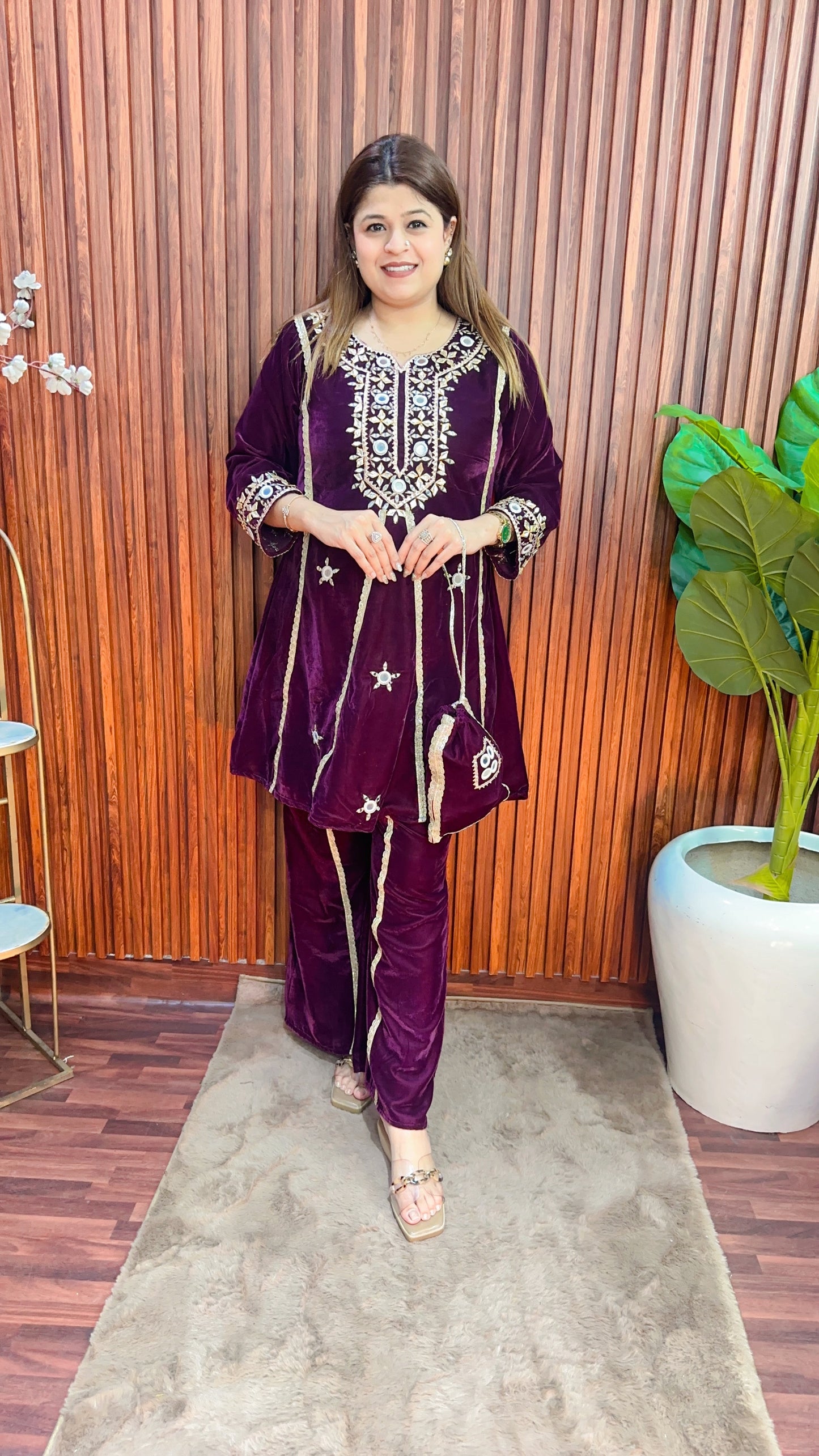 Velvet Peplum coord set with potli