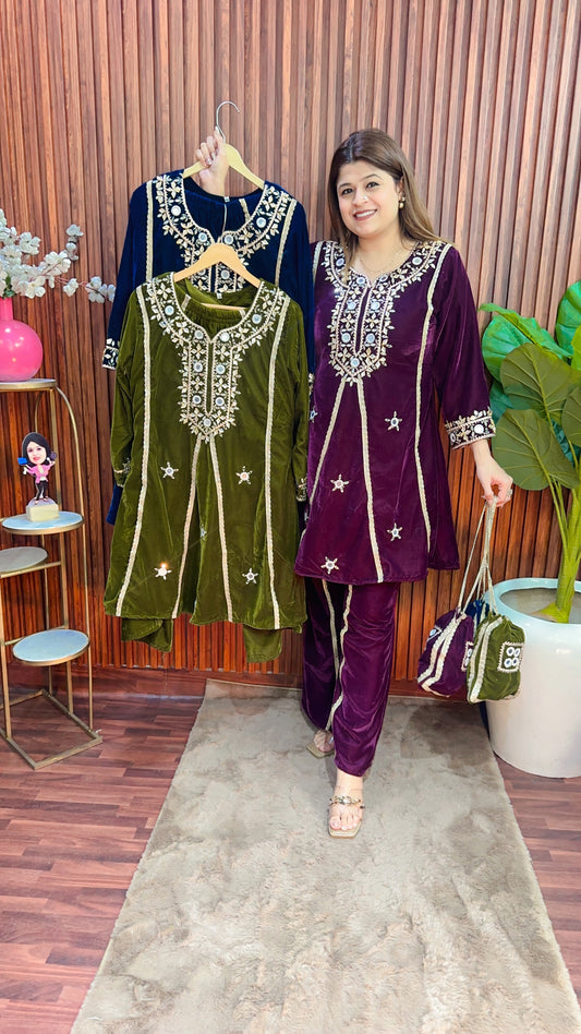 Velvet Peplum coord set with potli