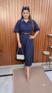 Denim Collar Solid Cotton Dress