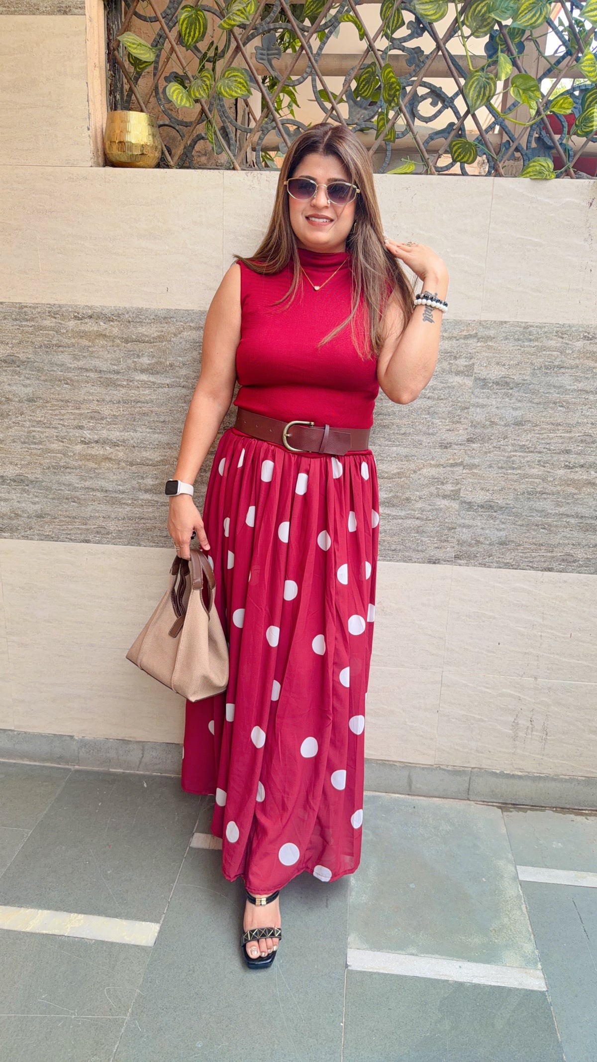 Cerelia Polka Two Piece Skirt Set With Belt