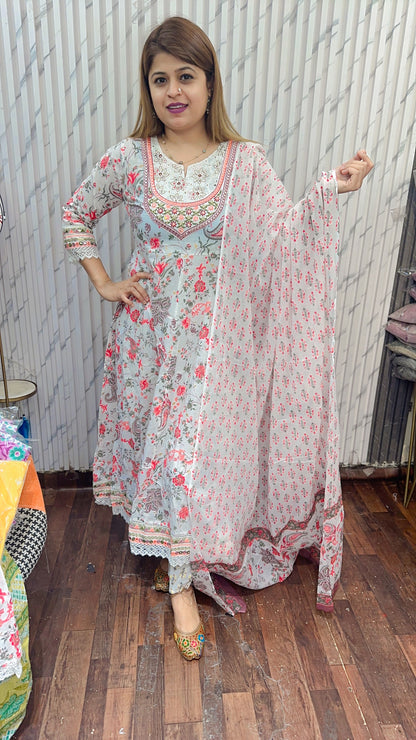 White Base Anarkali Cotton Suit