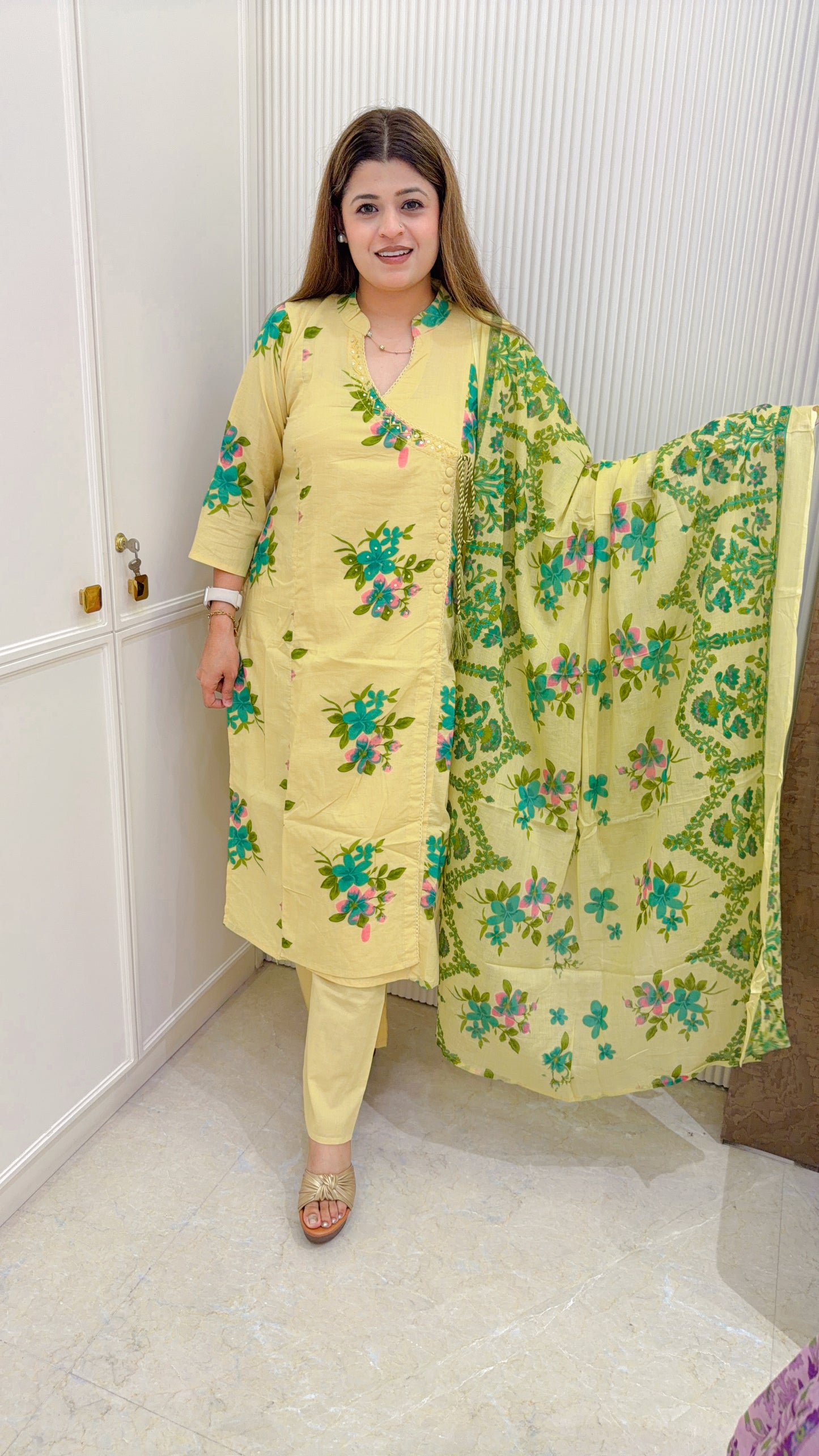 Collar Floral Cotton Three Piece Suit