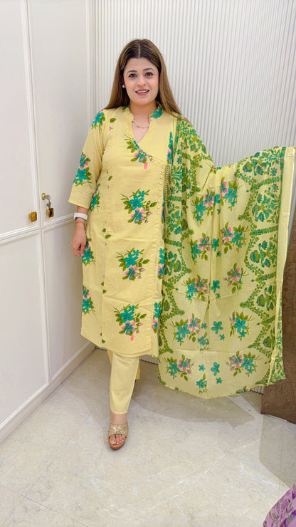 Collar Floral Cotton Three Piece Suit