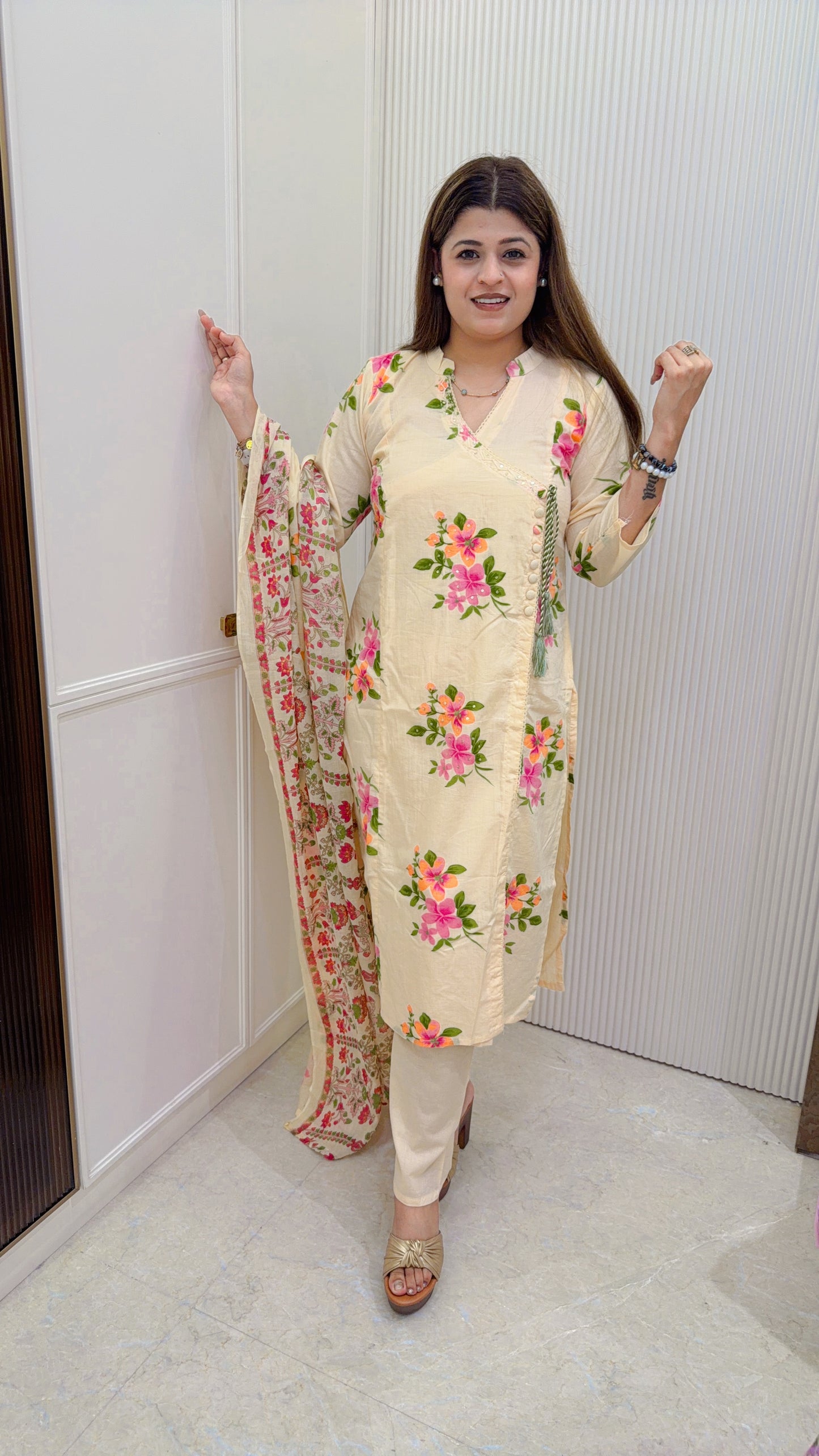 Collar Floral Cotton Three Piece Suit