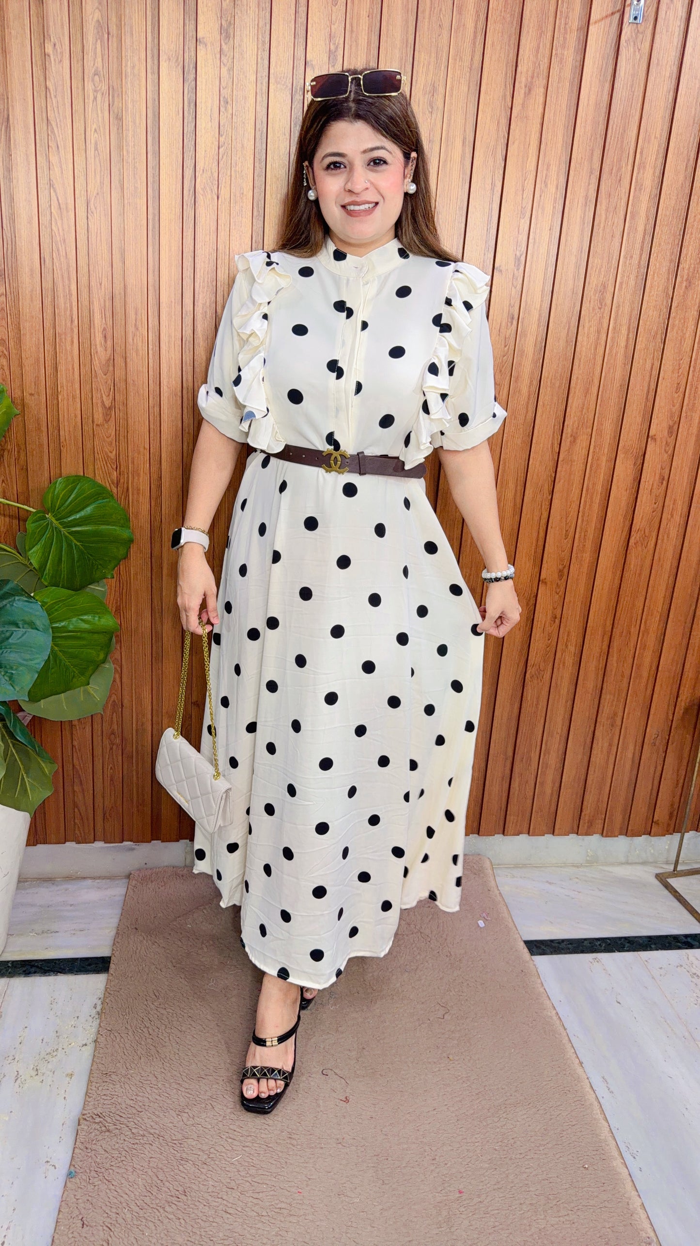 Buttons Polka dress with belt