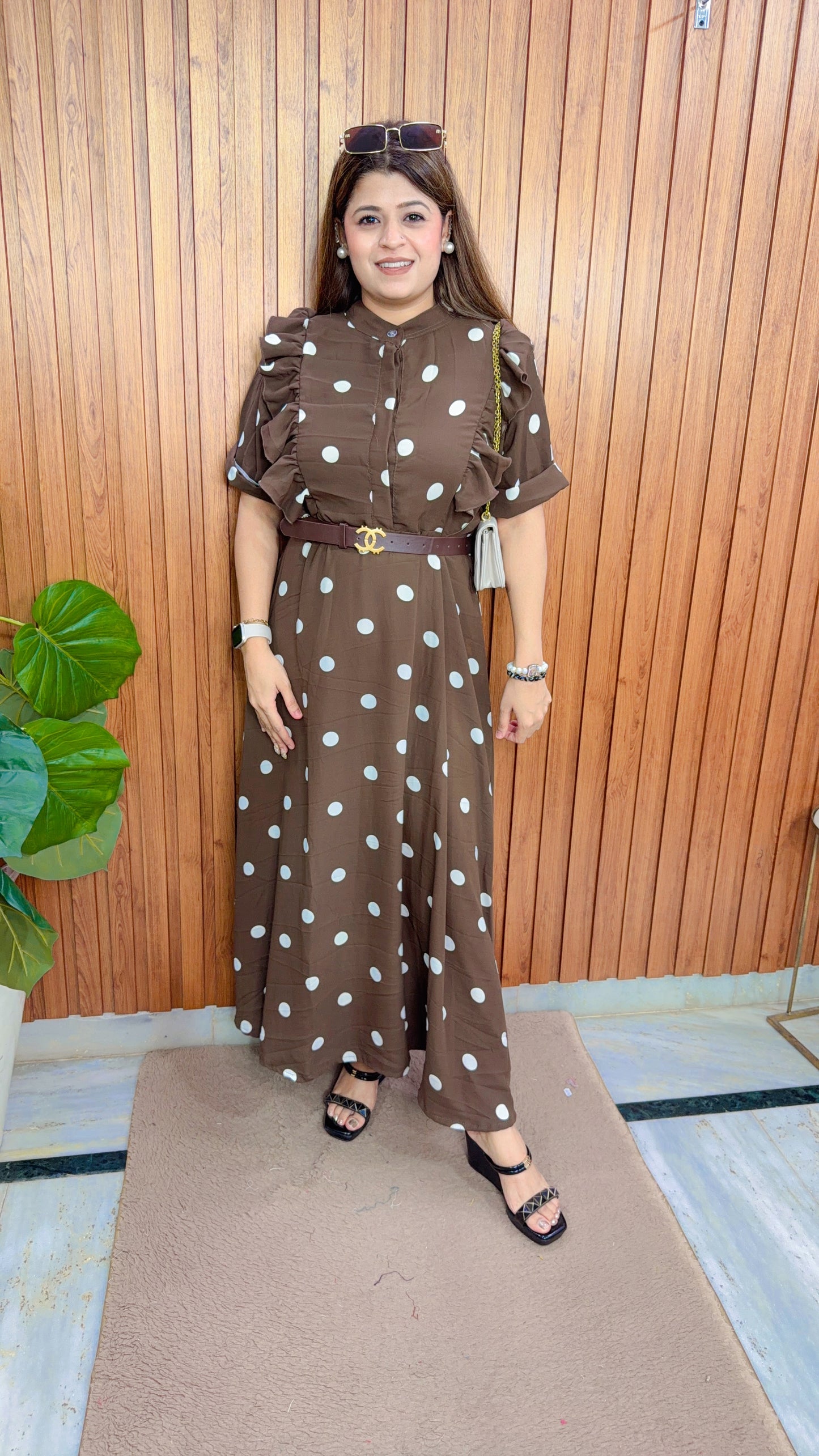 Buttons Polka dress with belt
