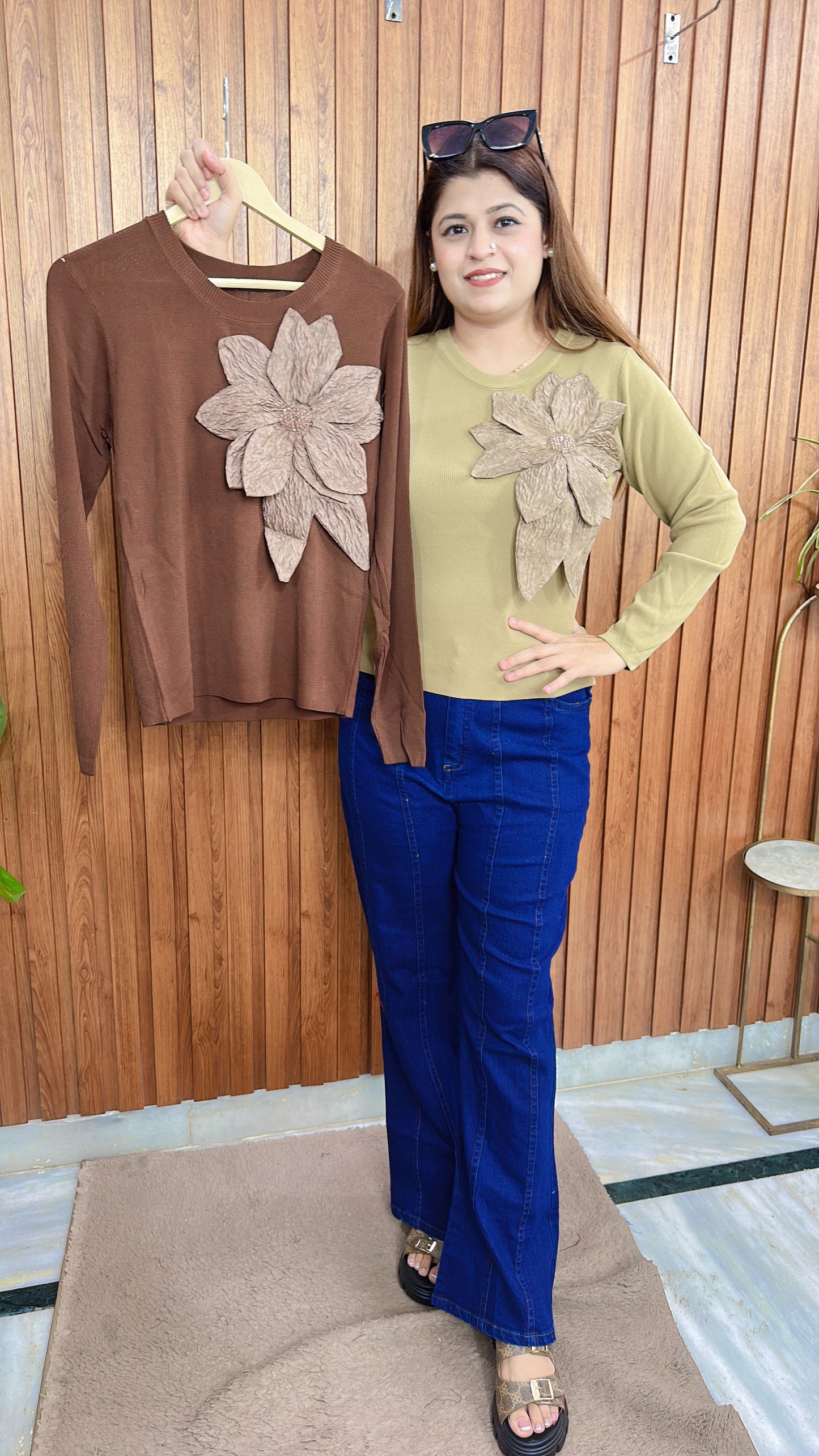 Knitted Embose Flower Tops