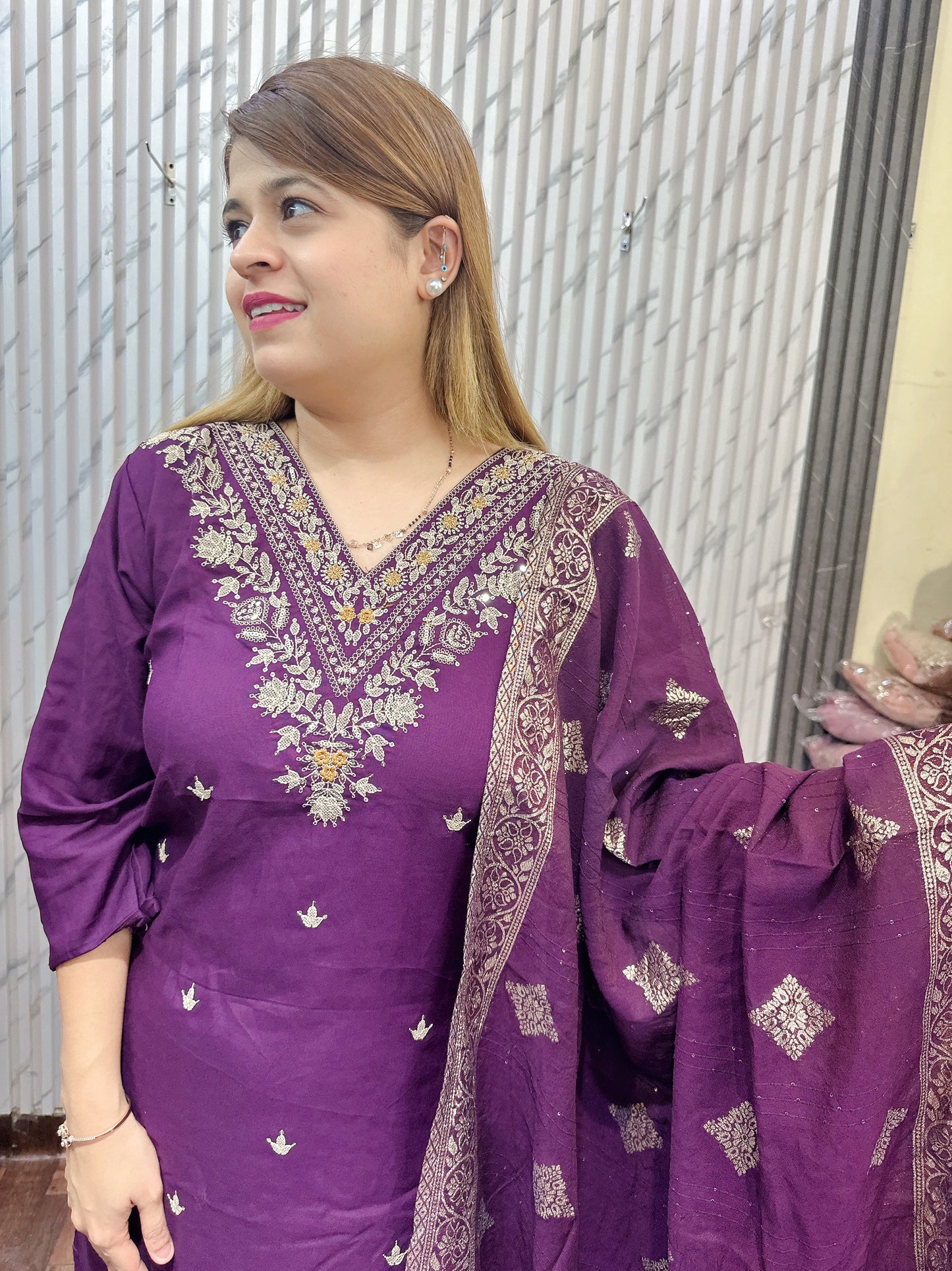 Fire Rayon Dola Suit with Banarasi Dupatta