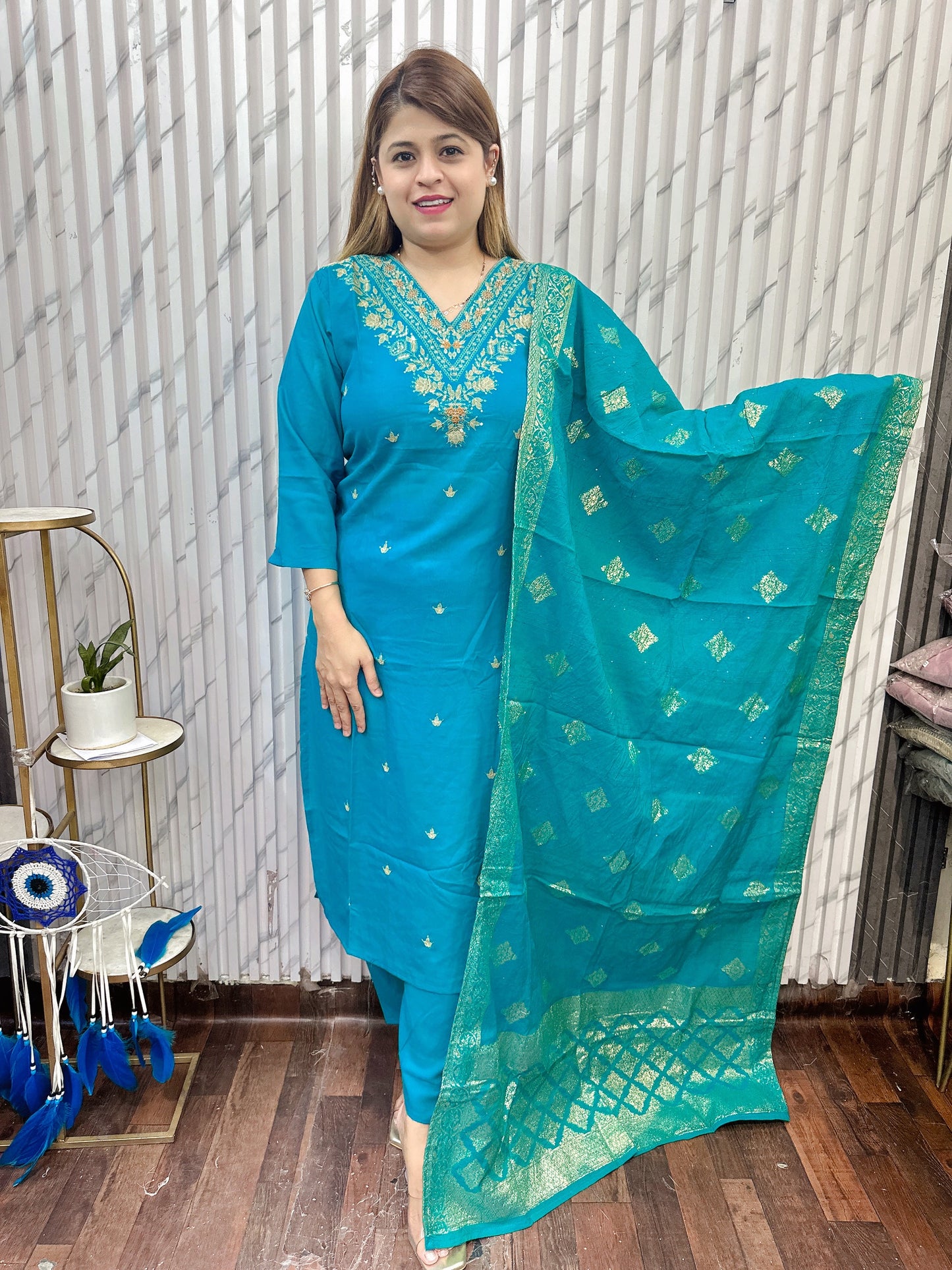 Fire Rayon Dola Suit with Banarasi Dupatta