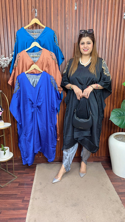 Satin silk kaftan cord set with handwork