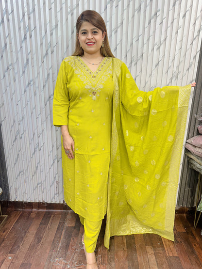 Fire Rayon Dola Suit with Banarasi Dupatta