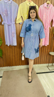 Stripes shirt Dress with emblished butterfly
