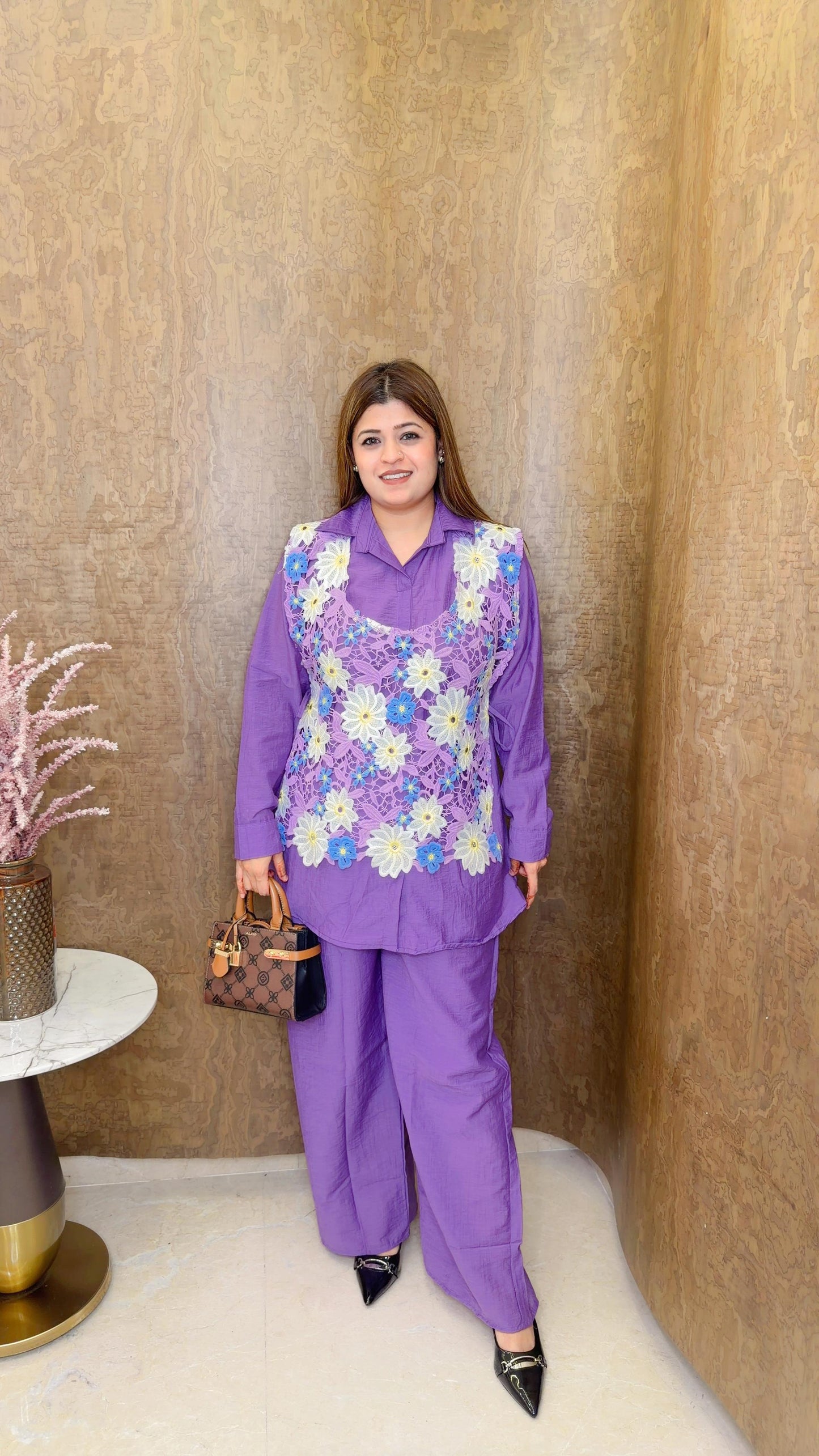 Lilac Floral Cotton coord set with Schifli shrug