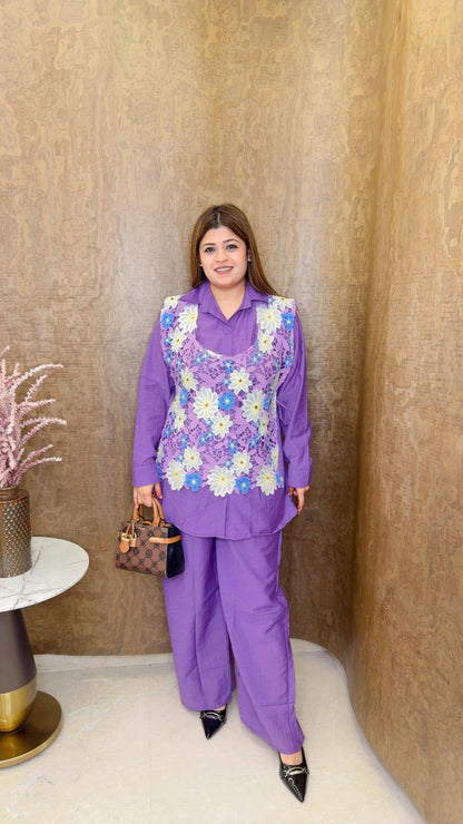 Lilac Floral Cotton coord set with Schifli shrug