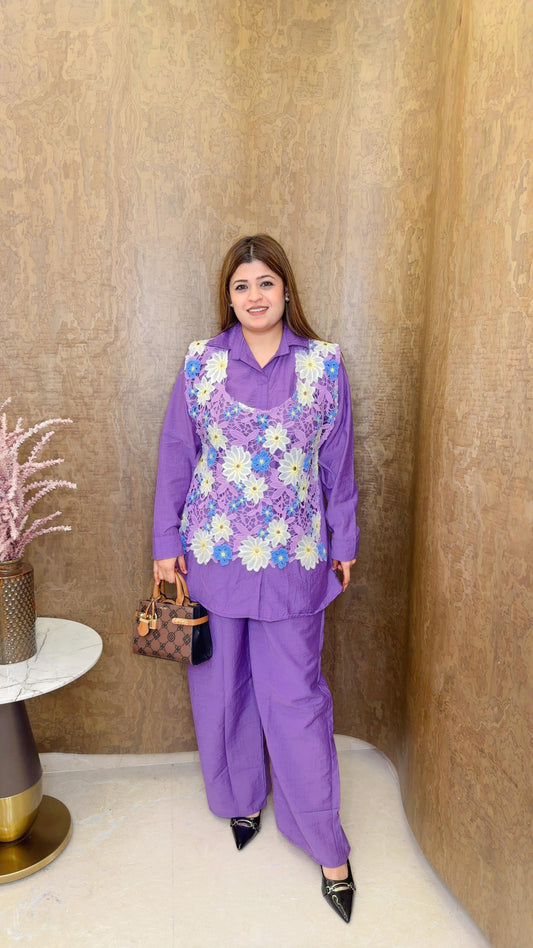 Lilac Floral Cotton coord set with Schifli shrug