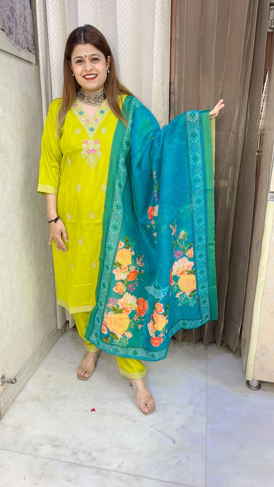 Designer Heavy Embroidery Suit with contrast dupatta set
