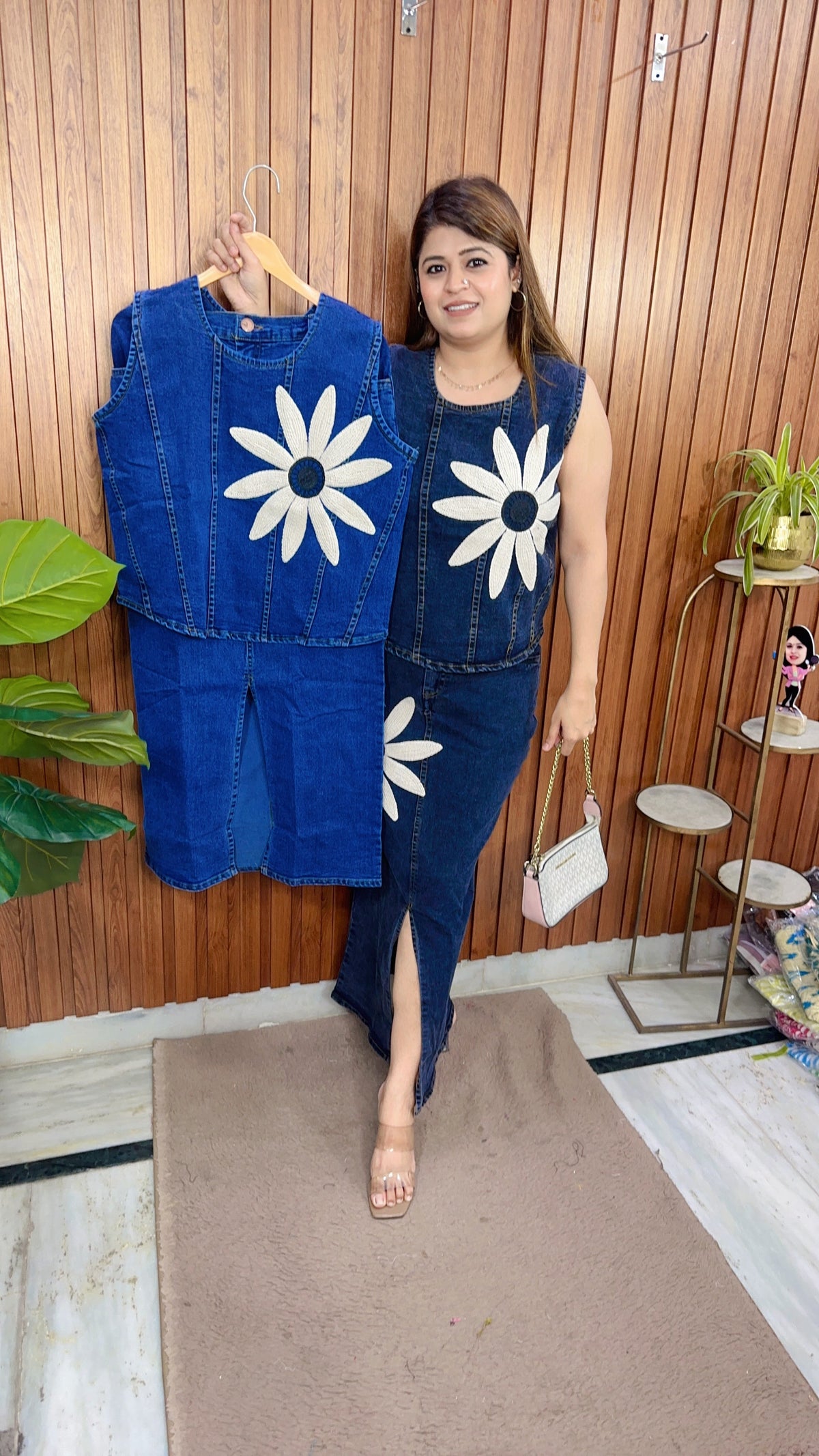Dania-Two Piece Flower Denim Skirt Set